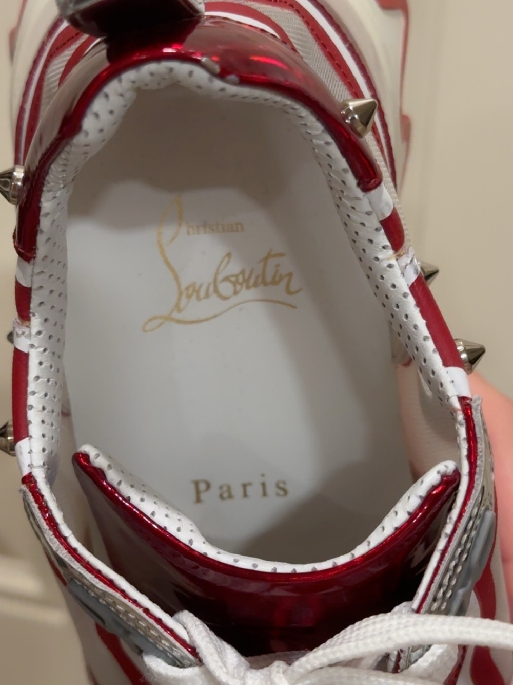Christian Louboutin Red and White Low-Top Studded Sneaker